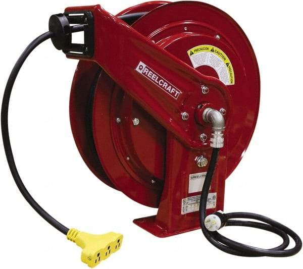 Reelcraft - 12 AWG, 75' Cable Length, Cord & Cable Reel with Triple-Tap Outlet End - 3 Outlets, NEMA 5-15R, 15 Amps, 125 Volts, SEOOW Cable, Red Reel, Spring Driven Reel - Best Tool & Supply