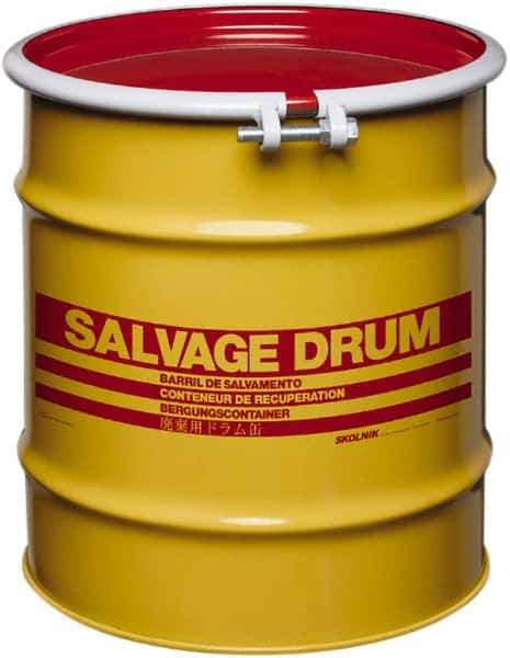 Made in USA - 20 Gallon Yellow with Red Cover Carbon Steel Open Head Drum - 19-1/4" High x 18-1/4" Diam - Best Tool & Supply