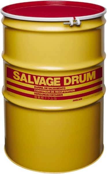 Made in USA - 110 Gallon Yellow with Red Cover Cylindrical Carbon Steel Open Head Drum - 41" High x 30" Diam - Best Tool & Supply