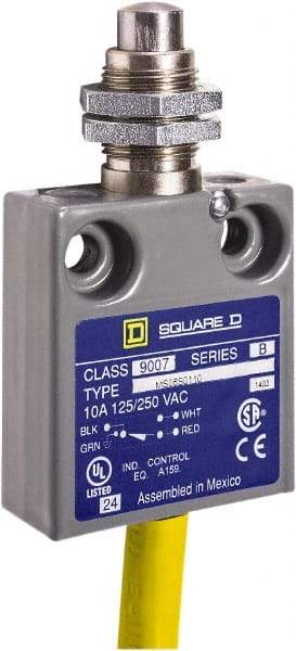 Square D - SPDT, NC/NO, 240 VAC, Prewired Terminal, Plunger Actuator, General Purpose Limit Switch - 1, 2, 4, 6, 6P NEMA Rating, IP67 IPR Rating, Panel Mount, 80 Ounce Operating Force - Best Tool & Supply