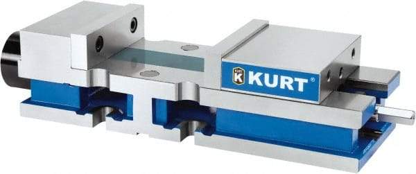 Kurt - 8" Jaw Width, 10-1/4" Jaw Opening Capacity, Horizontal Stationary Machine Vise - Reverse Hydraulic Operation, 1 Station, 27" Long x 6" High x 1" Deep, 6" Jaw Height, 3,200 Lb Max Clamp Force, Ductile Iron - Best Tool & Supply