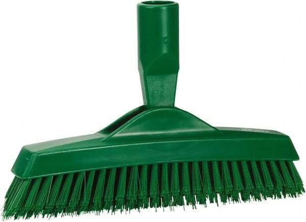 Vikan - 1.6" Bristle Length, Polyester Utility Scrub Brush - 9" Long x 1-1/2" Wide Head, 9-1/4" OAL, European Threaded Handle, Green, Polypropylene Block - Best Tool & Supply