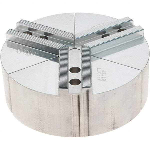 Abbott Workholding Products - 6" Max Chuck Capacity, 1.5mm x 60° Serrated Interface, Round Soft Lathe Chuck Jaw - 3 Jaw, Aluminum, 0.7874" Btw Mount Hole Ctrs, 6" Wide, 2" High, 10mm Fastener - Best Tool & Supply