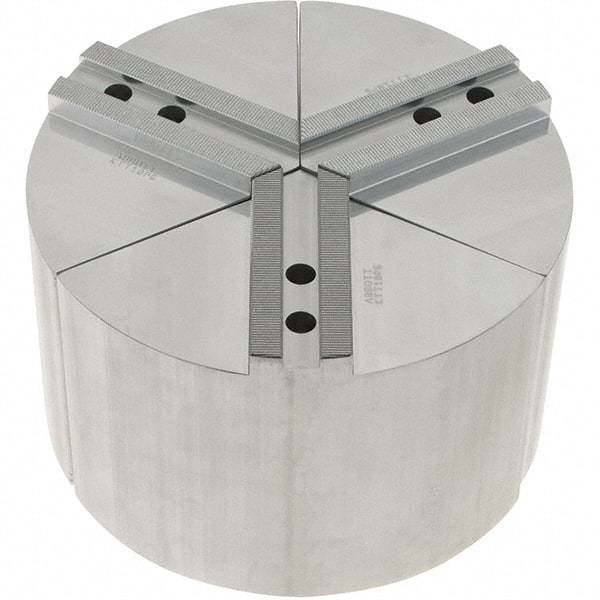 Abbott Workholding Products - 10" Max Chuck Capacity, 1.5mm x 60° Serrated Interface, Round Soft Lathe Chuck Jaw - 3 Jaw, Aluminum, 1.1811" Btw Mount Hole Ctrs, 10" Wide, 6" High, 12mm Fastener - Best Tool & Supply