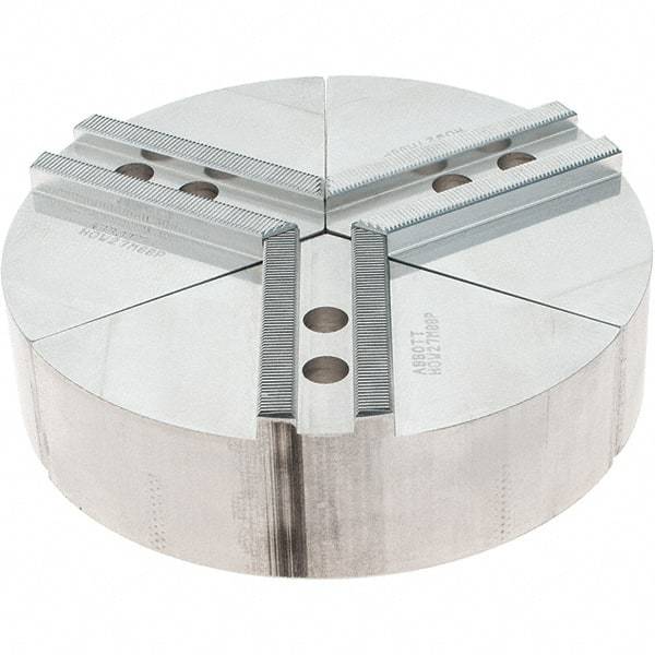 Abbott Workholding Products - 8" Max Chuck Capacity, 1.5mm x 60° Serrated Interface, Round Soft Lathe Chuck Jaw - 3 Jaw, Aluminum, 0.9843" Btw Mount Hole Ctrs, 8" Wide, 2" High, 12mm Fastener - Best Tool & Supply