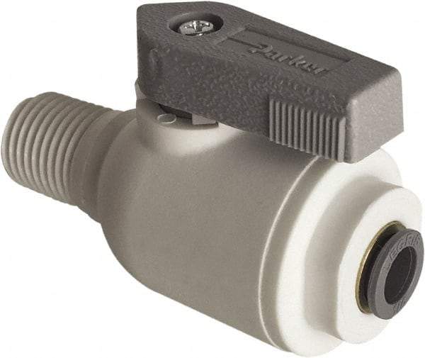 Parker - 1/2" Pipe, Full Port, Polypropylene Valve Male Connector Ball Valve - Bi-Directional, MNPT x Push-to-Connect Ends, Wedge Handle, 150 WOG - Best Tool & Supply