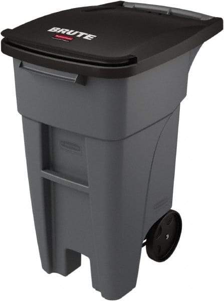 Rubbermaid - 32 Gal Gray Rectangle Trash Can - Plastic, None Graphic, 37.16" High x 20.62" Wide, Lid Included - Best Tool & Supply