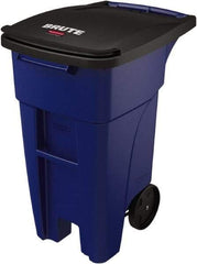 Rubbermaid - 32 Gal Blue Rectangle Trash Can - Plastic, None Graphic, 37.16" High x 20.62" Wide, Lid Included - Best Tool & Supply