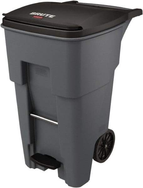 Rubbermaid - 65 Gal Gray Rectangle Trash Can - Plastic, None Graphic, 44.74" High x 25.33" Wide, Lid Included - Best Tool & Supply