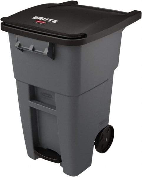 Rubbermaid - 50 Gal Gray Rectangle Trash Can - Plastic, None Graphic, 39.58" High x 24" Wide, Lid Included - Best Tool & Supply