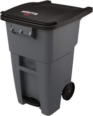 Rubbermaid - 50 Gal Gray Rectangle Trash Can - Plastic, None Graphic, 39.58" High x 24" Wide, Lid Included - Best Tool & Supply