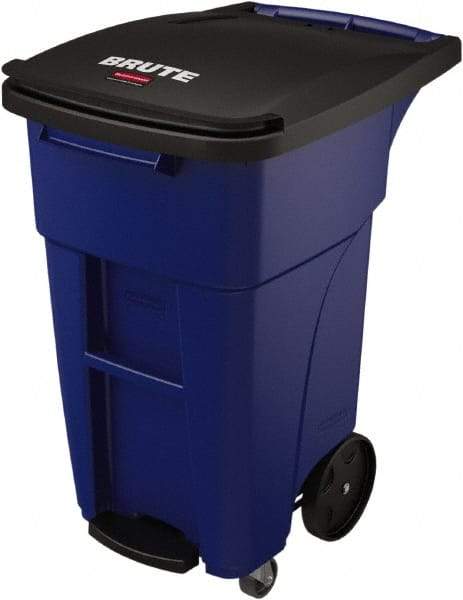 Rubbermaid - 32 Gal Blue Rectangle Trash Can - Plastic, None Graphic, 37.16" High x 20.62" Wide, Lid Included - Best Tool & Supply