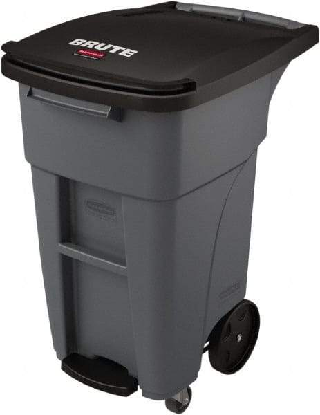 Rubbermaid - 32 Gal Gray Rectangle Trash Can - Plastic, None Graphic, 37.16" High x 20.62" Wide, Lid Included - Best Tool & Supply