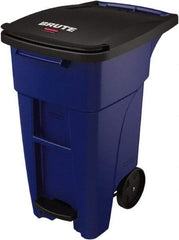 Rubbermaid - 32 Gal Blue Rectangle Trash Can - Plastic, None Graphic, 37.16" High x 20.62" Wide, Lid Included - Best Tool & Supply