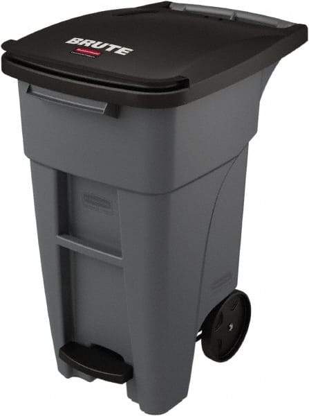 Rubbermaid - 32 Gal Gray Rectangle Trash Can - Plastic, None Graphic, 37.16" High x 20.62" Wide, Lid Included - Best Tool & Supply