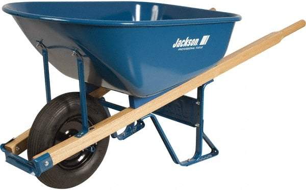 Jackson Professional Tools - 6 Cu Ft Capacity Wheelbarrow with 16" Pneumatic Wheel - Wood Handle, 58-3/4" Long x 25-1/2" Wide x 27" High, Blue - Best Tool & Supply