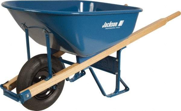 Jackson Professional Tools - 6 Cu Ft Capacity Wheelbarrow with 15" Flat Free Wheel - Wood Handle, 58-3/4" Long x 25-1/2" Wide x 27" High, Blue - Best Tool & Supply