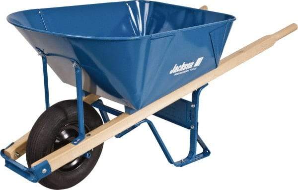 Jackson Professional Tools - 6 Cu Ft Capacity Wheelbarrow with 16" Pneumatic Wheel - Wood Handle, 58-1/2" Long x 26-3/4" Wide x 27" High, Blue - Best Tool & Supply