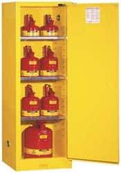 Justrite - 1 Door, 3 Shelf, Yellow Steel Space Saver Safety Cabinet for Flammable and Combustible Liquids - 65" High x 23-1/4" Wide x 18" Deep, Self Closing Door, 22 Gal Capacity - Best Tool & Supply