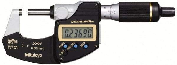 Mitutoyo - 0.001 mm Resolution, Standard Throat, Electronic Outside Micrometer - Includes Stand - Best Tool & Supply