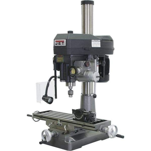 Jet - 1 Phase, 15-7/8" Swing, Variable Speed Pulley Mill Drill Combination - 9-1/2" Table Length x 32-1/4" Table Width, 20-1/2" Longitudinal Travel, 7" Cross Travel, 12 Spindle Speeds, 2 hp, 230 Volts - Best Tool & Supply