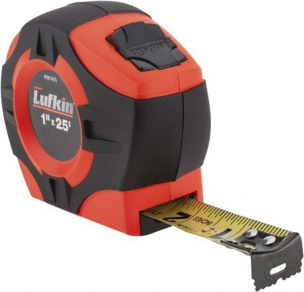 Lufkin - 25' x 1" Yellow Blade Tape Measure - 1/16" Graduation, Inch Graduation Style, High-Visibility Orange Case - Best Tool & Supply