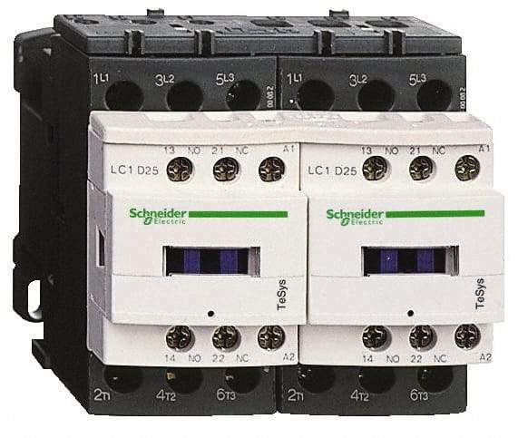 Schneider Electric - 3 Pole, 120 Coil VAC at 50/60 Hz, 12 Amp at 440 VAC, Reversible IEC Contactor - 1 Phase hp: 1 at 115 VAC, 2 at 230/240 VAC, 3 Phase hp: 10 at 575/600 VAC, 3 at 200/208 VAC, 3 at 230/240 VAC, 7.5 at 460/480 VAC - Best Tool & Supply