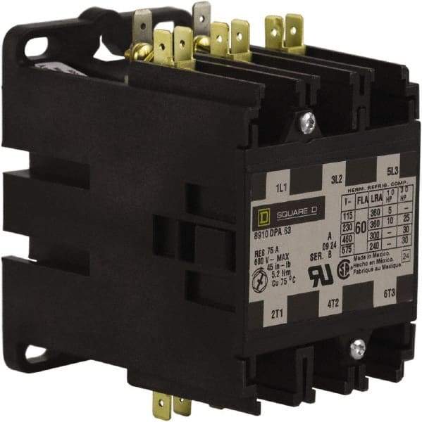 Square D - 3 Pole, 60 Amp Inductive Load, 24 Coil VAC at 50/60 Hz, Definite Purpose Contactor - Phase 1 and Phase 3 Hp:  10 at 230 VAC, 25 at 230 VAC, 30 at 460 VAC, 30 at 575 VAC, 5 at 115 VAC, 75 Amp Resistive Rating, CE, CSA, UL Listed - Best Tool & Supply