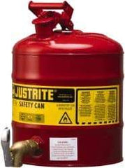 Justrite - 5 Gal Galvanized Steel Self-Closing, Self-Venting, Full-Length Flame Arrester with Bottom Faucet - 16-7/8" High x 11-3/4" Diam, Red with Yellow - Best Tool & Supply