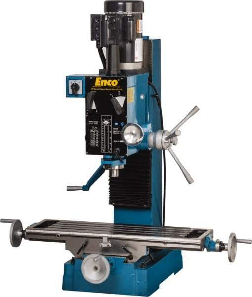 Enco - 1 Phase, Mill Drill Combination - 37-1/2" Table Length x 28" Table Width, 22" Longitudinal Travel, 8" Cross Travel, 6 Spindle Speeds, 2 hp, 220 Volts - Best Tool & Supply