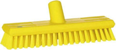 Vikan - 1.3" Bristle Length, Polyester Scrub Brush - 10-3/4" Long x 2-1/2" Wide Head, 11" OAL, European Threaded Handle, Yellow, Polypropylene Block - Best Tool & Supply