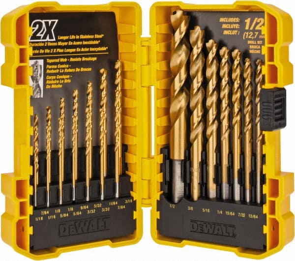 DeWALT - 1/16 to 1/2", 135° Point, Titanium Finish, High Speed Steel Jobber Length Drill Bit Set - Best Tool & Supply