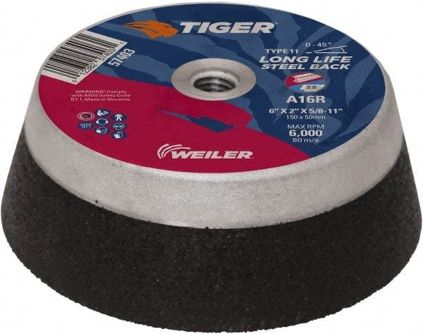 Weiler - 6" Diam, 5/8" Hole Size, 2" Overall Thickness, 16 Grit, Type 11 Tool & Cutter Grinding Wheel - Very Coarse Grade, Aluminum Oxide, R Hardness, Resinoid Bond, 6,000 RPM - Best Tool & Supply