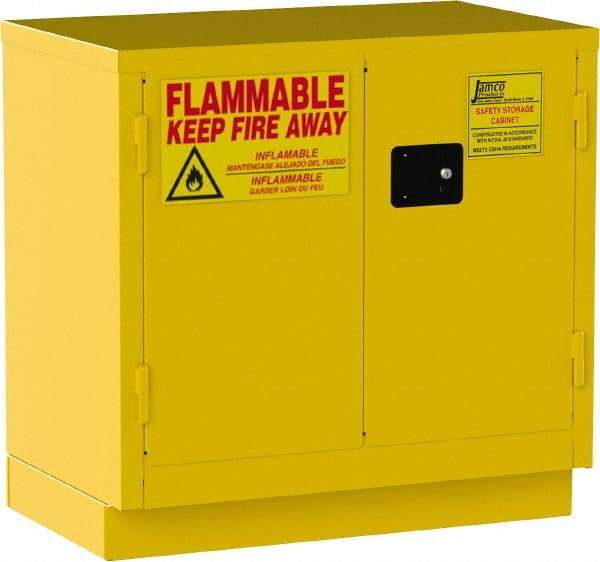 Jamco - 2 Door, 1 Shelf, Yellow Steel Double Wall Safety Cabinet for Flammable and Combustible Liquids - 35" High x 22" Wide x 36" Deep, Manual Closing Door, 3 Point Key Lock, 22 Gal Capacity - Best Tool & Supply