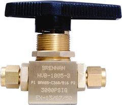 Brennan - 1/4" Pipe, Tube End Connections, Brass, Inline, Two Way Flow, Instrumentation Ball Valve - 3,000 psi WOG Rating, Nylon Handle, PTFE Seal, PFA Seat, Swaglok B-42S4 - Best Tool & Supply