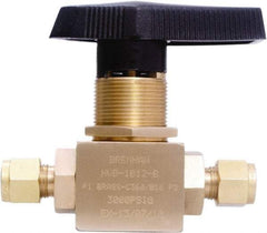 Brennan - 3/8" Pipe, Tube End Connections, Brass, Inline, Two Way Flow, Instrumentation Ball Valve - 3,000 psi WOG Rating, Nylon Handle, PTFE Seal, PFA Seat, Swaglok B-44S6 - Best Tool & Supply