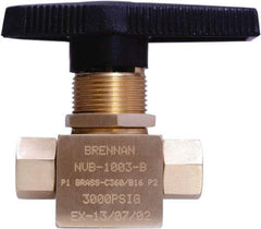 Brennan - 1/8" Pipe, NPT End Connections, Brass, Inline, Two Way Flow, Instrumentation Ball Valve - 3,000 psi WOG Rating, Nylon Handle, PTFE Seal, PFA Seat, Swaglok B-42F2 - Best Tool & Supply