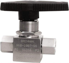 Brennan - 1/4" Pipe, NPT End Connections, Stainless Steel, Inline, Two Way Flow, Instrumentation Ball Valve - 3,000 psi WOG Rating, Nylon Handle, PTFE Seal, PFA Seat, Swaglok SS-43GEF4 - Best Tool & Supply