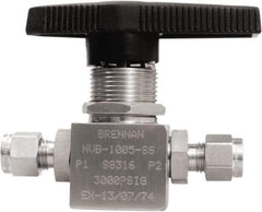 Brennan - 1/4" Pipe, Tube End Connections, Stainless Steel, Inline, Two Way Flow, Instrumentation Ball Valve - 3,000 psi WOG Rating, Nylon Handle, PTFE Seal, PFA Seat, Swaglok SS-42GS4 - Best Tool & Supply