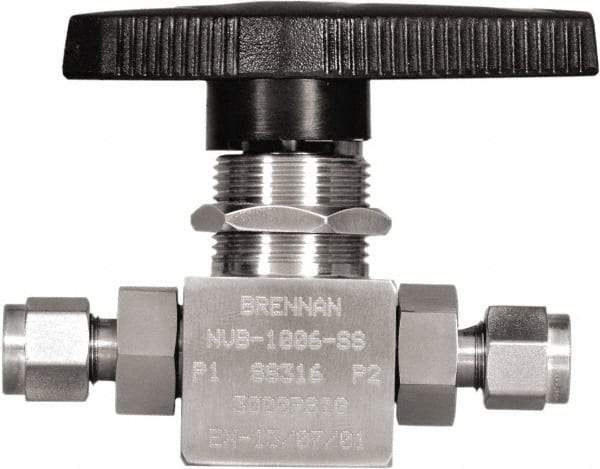 Brennan - 1/4" Pipe, Tube End Connections, Stainless Steel, Inline, Two Way Flow, Instrumentation Ball Valve - 3,000 psi WOG Rating, Nylon Handle, PTFE Seal, PFA Seat, Swaglok SS-43GS4 - Best Tool & Supply