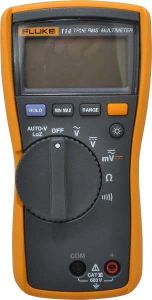 Fluke - 114, CAT III, 600 VAC/VDC, Digital True RMS Auto Ranging Manual Ranging Multimeter - 40 mOhm, Measures Voltage, Capacitance, Current, Resistance - Best Tool & Supply