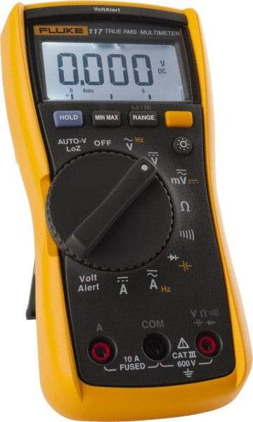 Fluke - 117, CAT III, 600 VAC/VDC, Digital True RMS Auto Ranging Manual Ranging Multimeter - 40 mOhm, Measures Voltage, Capacitance, Current, Frequency, Resistance - Best Tool & Supply