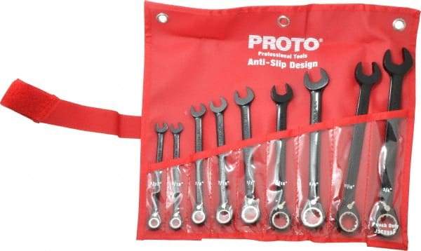 Proto - 9 Piece, 9/32" to 3/4", 12 Point Combination Wrench Set - Inch Measurement Standard, Black/Chrome Finish, Comes in Pouch - Best Tool & Supply