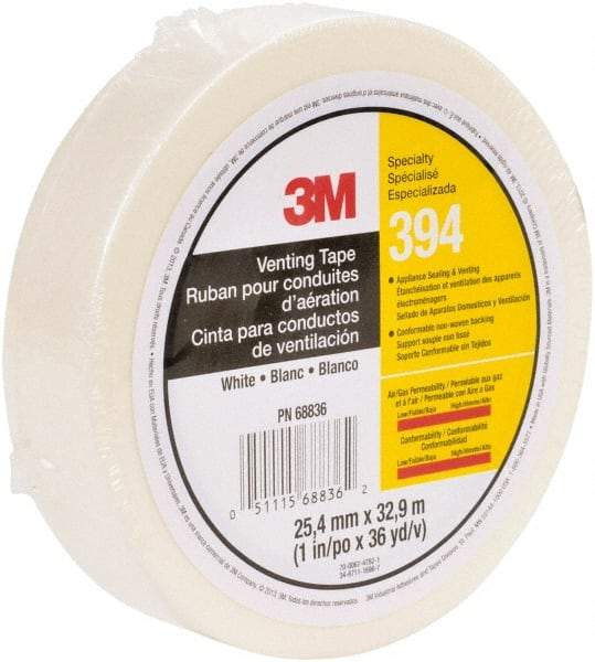 3M - 36 Yds. x 1", White Nonwoven Fabric Film Tape - 394 Series, 4 mil Thick, 6 Lb./Inch Tensile Strength - Best Tool & Supply