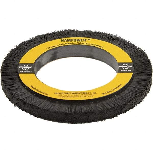 Brush Research Mfg. - 5-29/32" OD, 3-1/4" Arbor Hole, Crimped Abrasive Nylon Wheel Brush - 0.394" Face Width, 3/4" Trim Length, 3,600 RPM - Best Tool & Supply