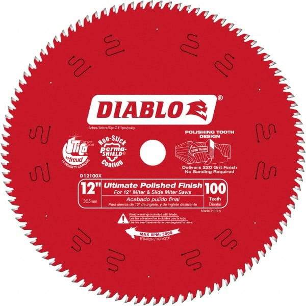 Freud - 12" Diam, 1" Arbor Hole Diam, 100 Tooth Wet & Dry Cut Saw Blade - Carbide-Tipped, Fine Finishing Action, Standard Round Arbor - Best Tool & Supply