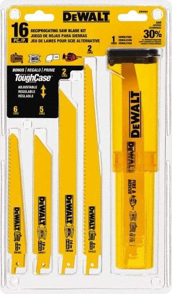 DeWALT - 16 Pieces, 6" to 9" Long x 0.04" Thickness, Bi-Metal Reciprocating Saw Blade Set - Straight Profile, 6 to 18 Teeth, Toothed Edge - Best Tool & Supply