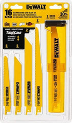 DeWALT - 16 Pieces, 6" to 9" Long x 0.04" Thickness, Bi-Metal Reciprocating Saw Blade Set - Straight Profile, 6 to 18 Teeth, Toothed Edge - Best Tool & Supply