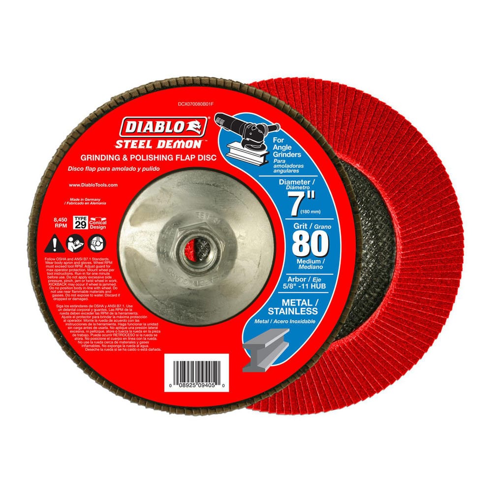 Flap Discs; Flap Disc Type: Type 29; Disc Diameter (Decimal Inch): 7; Center Hole Size: 5/8-11; Grade: Medium; Grit: 80; Maximum Rpm: 8450.000; Disc Color: Red