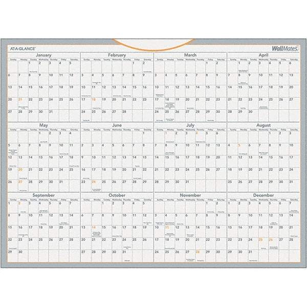 AT-A-GLANCE - 1 Sheet, 24 x 18", Erasable Wall Calendar - Gray, White & Orange - Best Tool & Supply